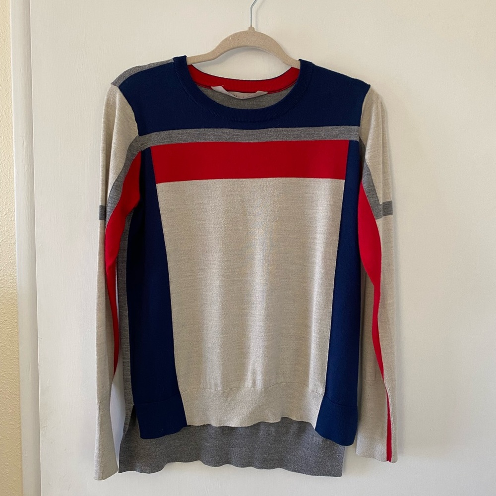 Athleta Navy and Red Colorblock Crewneck Sweater